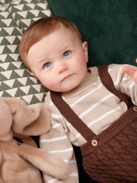 Striped Jumper & Trousers with Braces in Cable Knit Ensemble for Babies chocolate 