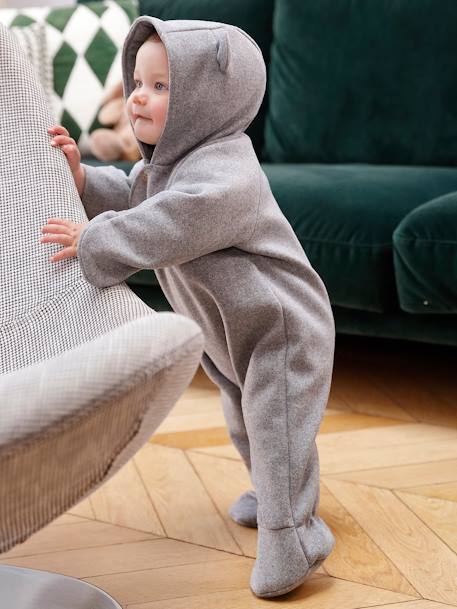 Hooded Pramsuit in Woollen-Like Fabric, Asymmetric Fastening, for Babies marl grey 