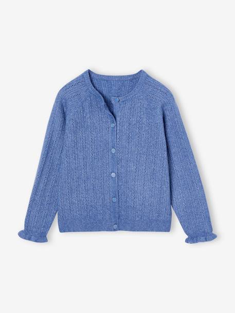 Cardigan in Lightweight Openwork Knit for Girls chambray blue+ecru 