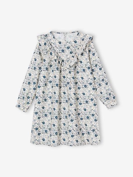 Ruffled Dress with Floral Print, for Girls ecru+indigo 