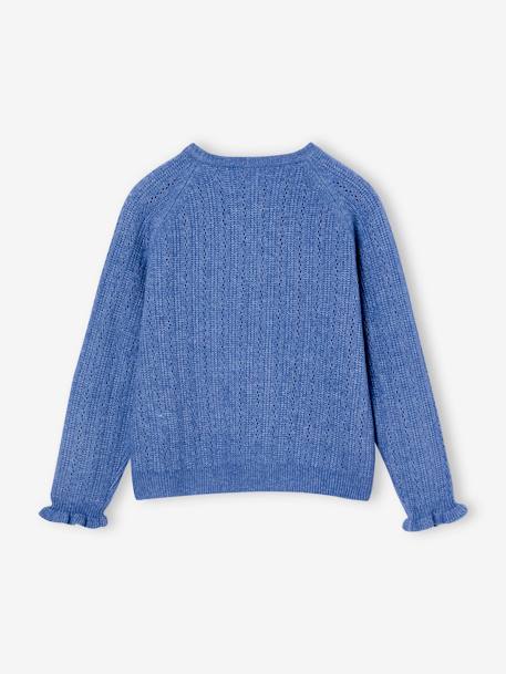 Cardigan in Lightweight Openwork Knit for Girls chambray blue+ecru 