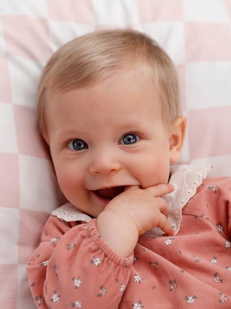 Corduroy Rompers with Floral Print & Broderie Anglaise Collar for Babies rose 