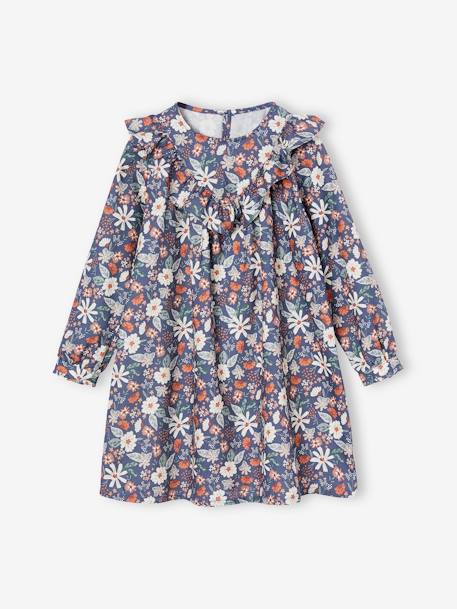 Ruffled Dress with Floral Print, for Girls ecru+indigo 