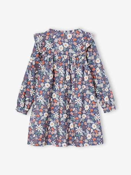 Ruffled Dress with Floral Print, for Girls ecru+indigo 