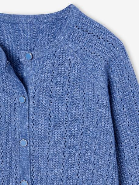 Cardigan in Lightweight Openwork Knit for Girls chambray blue+ecru 