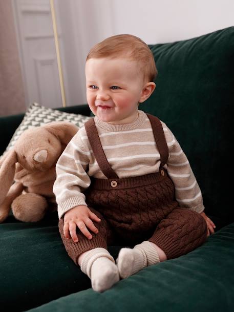 Striped Jumper & Trousers with Braces in Cable Knit Ensemble for Babies chocolate 