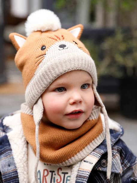 Animal Beanie + Snood + Mittens Set for Babies pecan nut 