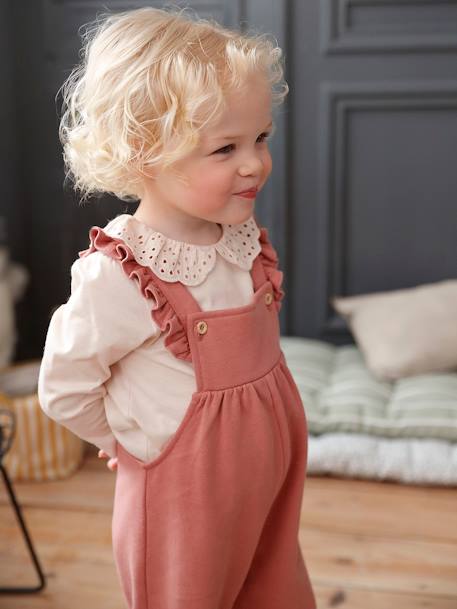 Fleece Dungarees, Ruffled Straps, Organic Cotton, for Babies old rose 