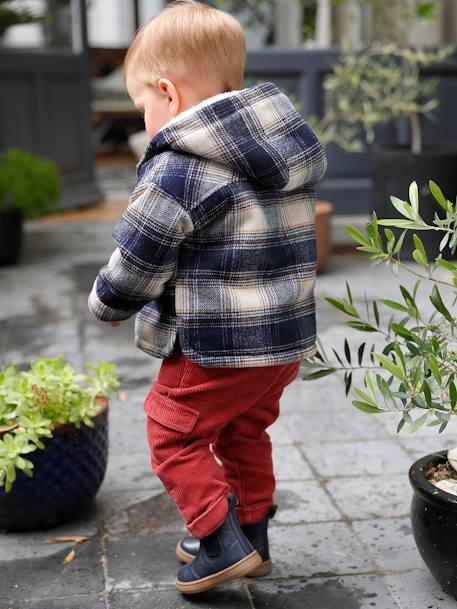 Chequered Hooded Coat in Woollen Fabric, Sherpa Lining, for Babies navy blue 