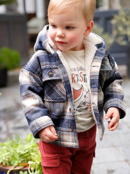 Chequered Hooded Coat in Woollen Fabric, Sherpa Lining, for Babies navy blue 