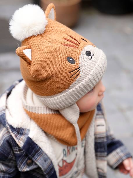 Animal Beanie + Snood + Mittens Set for Babies pecan nut 