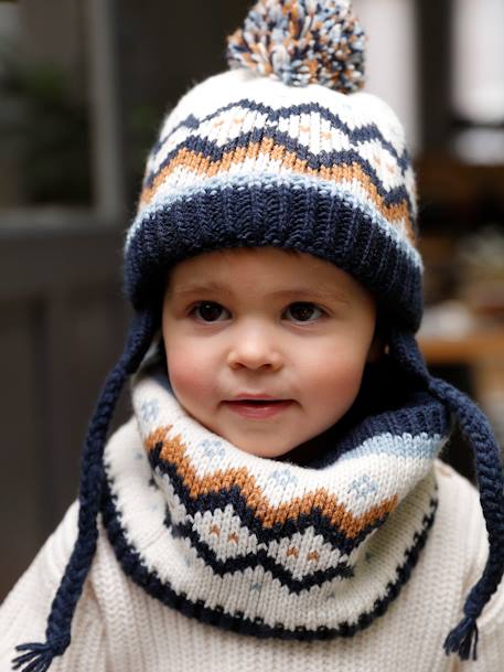 Jacquard Knit Beanie with Ears + Snood + Mittens Set for Baby Boys navy blue 