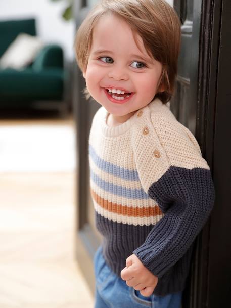 Jumper with Colourful Stripes & Buttoned Shoulder for Baby Boys slate blue 