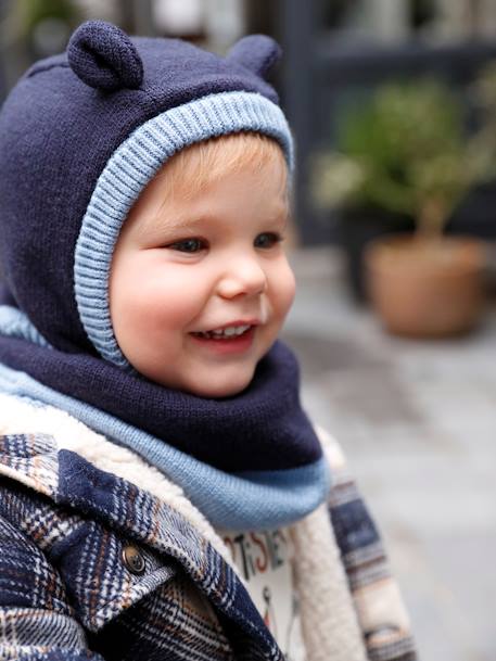 Two-Tone Hood + Snood + Mittens Set for Baby Boys navy blue 