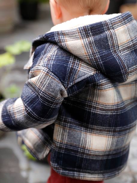 Chequered Hooded Coat in Woollen Fabric, Sherpa Lining, for Babies navy blue 