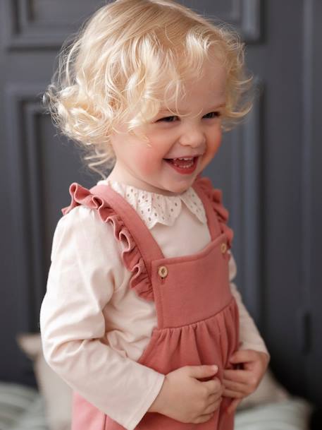 Fleece Dungarees, Ruffled Straps, Organic Cotton, for Babies old rose 