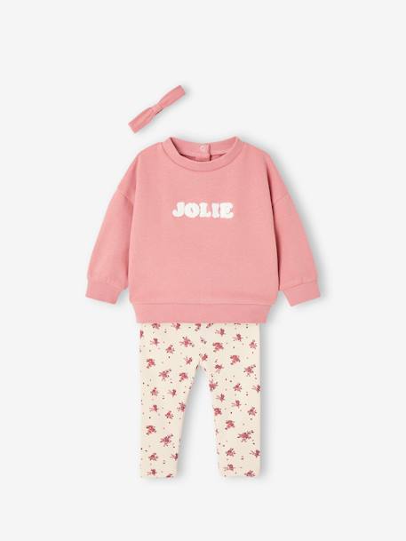 Sweatshirt + Leggings + Headband Ensemble for Baby Girls dusky pink+sand beige 