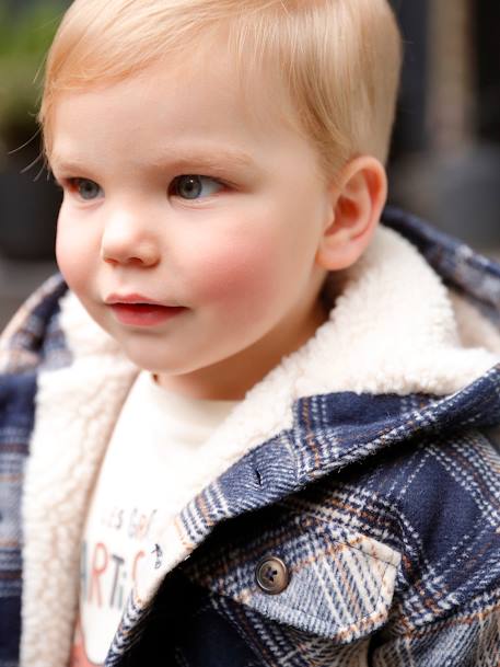 Chequered Hooded Coat in Woollen Fabric, Sherpa Lining, for Babies navy blue 