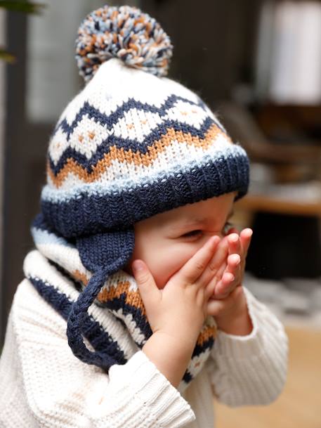 Jacquard Knit Beanie with Ears + Snood + Mittens Set for Baby Boys navy blue 