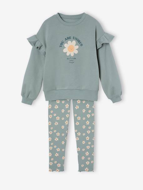 Frilly Sweatshirt + Leggings Combo for Girls grey green 