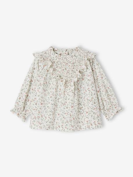 Floral Blouse with Smocking & Ruffles for Babies ecru 