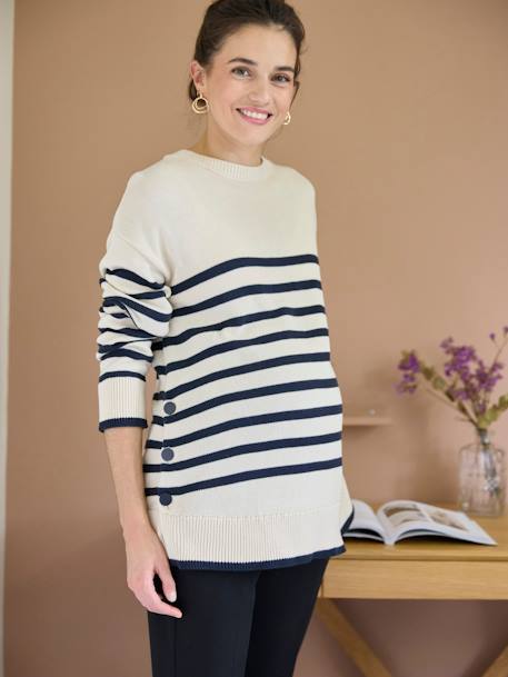 Long Sailor-Style Jumper with Side Buttons for Maternity & Nursing marl beige 