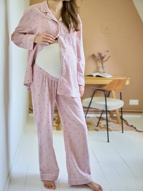 2-Piece Pyjamas in Striped Flannel & Hearts Motifs nude pink 