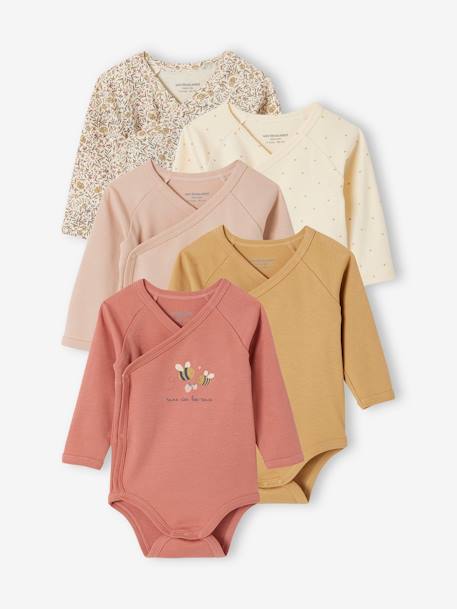 Pack of 5 Long Sleeve Bodysuits in Organic Cotton for Newborn Babies vanilla 