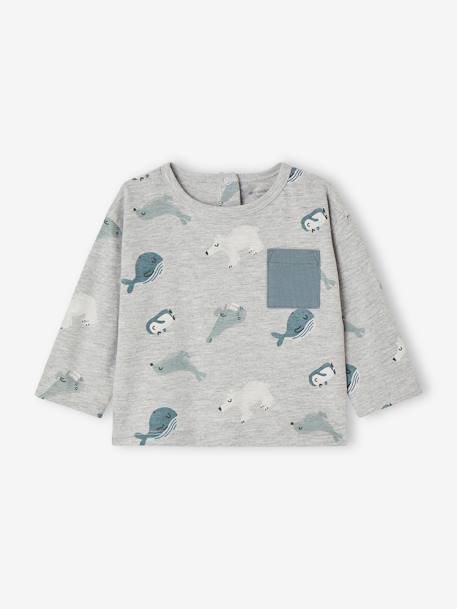 Long Sleeve Top with Polar Animals Motifs for Babies marl grey 