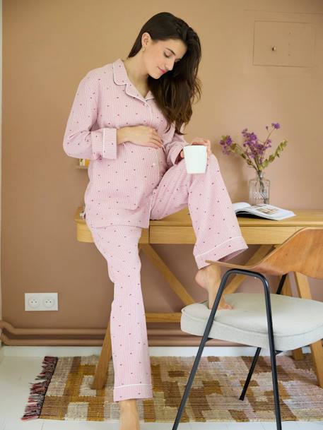 2-Piece Pyjamas in Striped Flannel & Hearts Motifs nude pink 