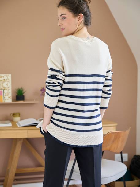 Long Sailor-Style Jumper with Side Buttons for Maternity & Nursing marl beige 