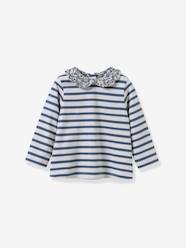 Baby-T-shirts & Roll Neck T-Shirts-T-Shirts-Striped tee-shirt with Liberty fabric collar for babies CYRILLUS