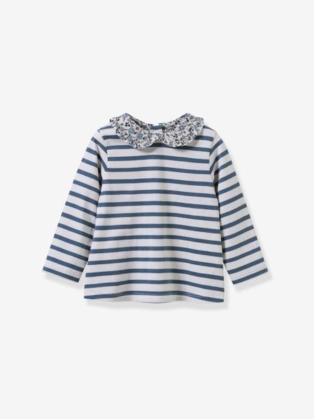 Striped tee-shirt with Liberty fabric collar for babies CYRILLUS striped blue 