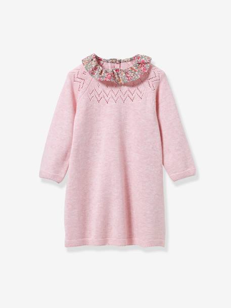 Knitted robe with Liberty® fabric collar for babies CYRILLUS blue+marl pink 