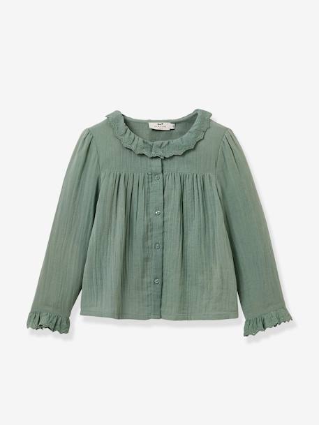 CYRILLUS gauze shirt for girls with lace trim ecru+green 