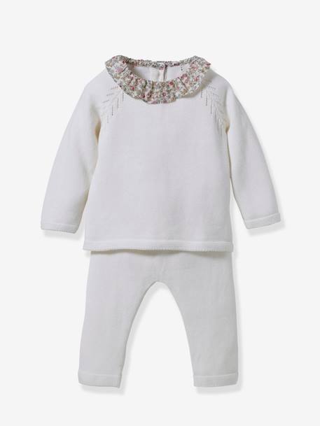 Knitted baby set with liberty fabric collar CYRILLUS white 