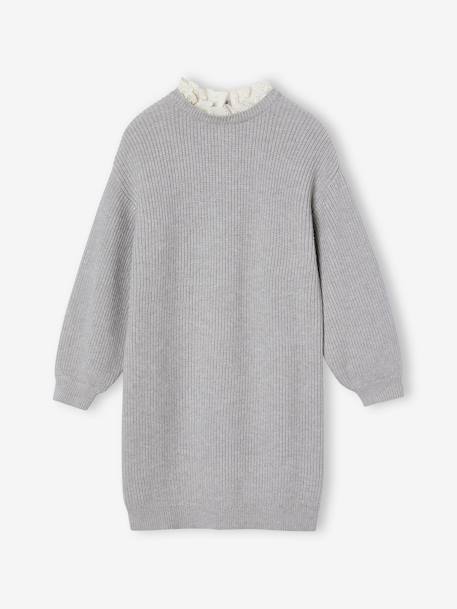 Fine Knit Dress, Broderie Anglaise Collar, for Girls ecru+marl grey 