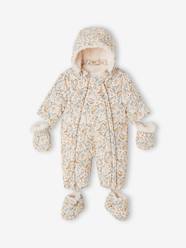 Baby-Outerwear-Double-Sided Printed Pramsuit, Faux Plush Fur, Detachable Booties & Gloves