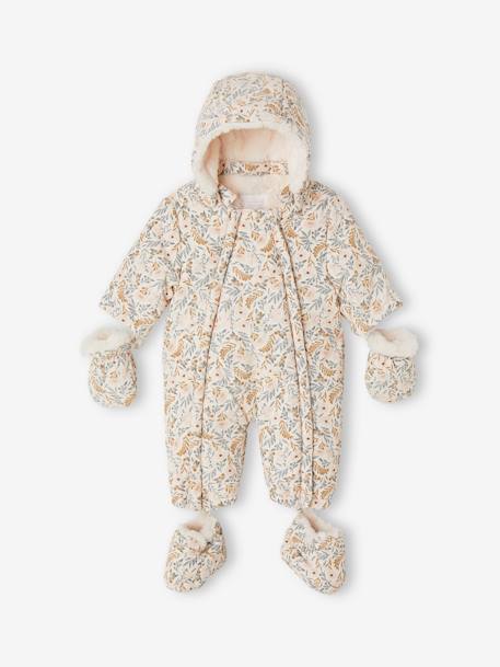 Double-Sided Printed Pramsuit, Faux Plush Fur, Detachable Booties & Gloves ecru 