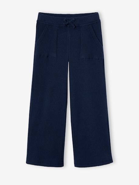 Wide-Leg Rib Knit Trousers for Girls navy blue 