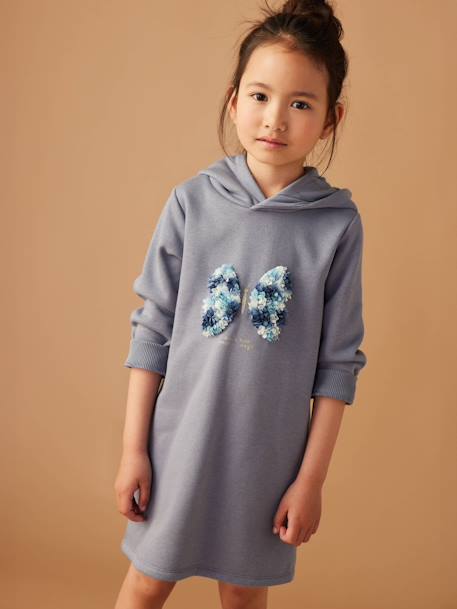 Fleece Dress with Hood & Fancy Details for Girls anthracite+green+grey blue+old rose+terracotta 