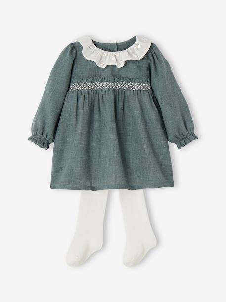 Christmas Special Dress with Frilled Collar + Tights Ensemble for Babies green 