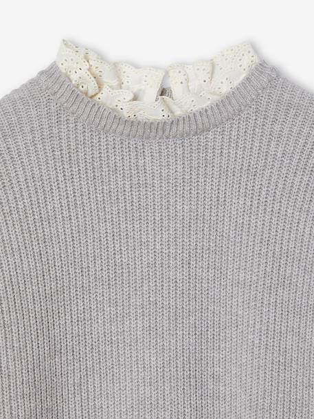 Fine Knit Dress, Broderie Anglaise Collar, for Girls ecru+marl grey 