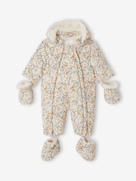 Double-Sided Printed Pramsuit, Faux Plush Fur, Detachable Booties & Gloves ecru 