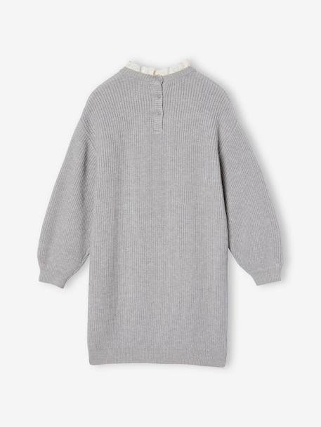 Fine Knit Dress, Broderie Anglaise Collar, for Girls ecru+marl grey 