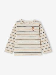 Baby-T-shirts & Roll Neck T-Shirts-Striped Long Sleeve Top with Bear Motif on Pocket for Babies