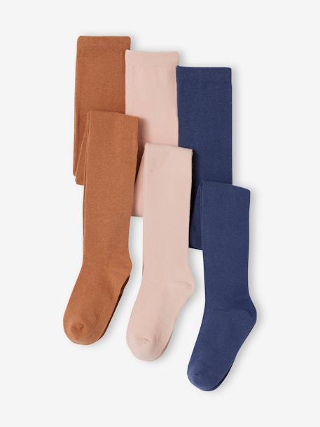 Pack of 3 Pairs of Tights for Girls BLUE DARK TWO COLOR/MULTICOL+dusky pink+ecru+Grey+mustard+plum+rosy 