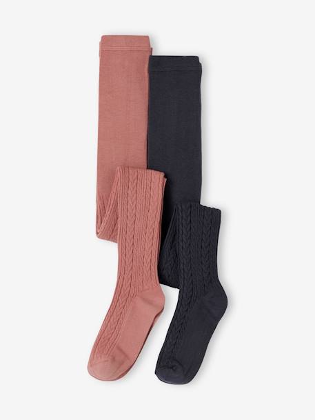 Pack of 2 Pairs of Fancy Cable Knit Tights for Girls aubergine+blush 