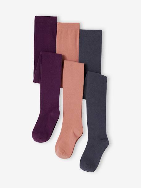 Pack of 3 Pairs of Tights for Girls BLUE DARK TWO COLOR/MULTICOL+ecru+Grey+mustard+plum+rosy 