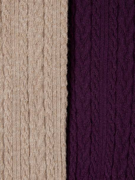 Pack of 2 Pairs of Fancy Cable Knit Tights for Girls aubergine+blush 